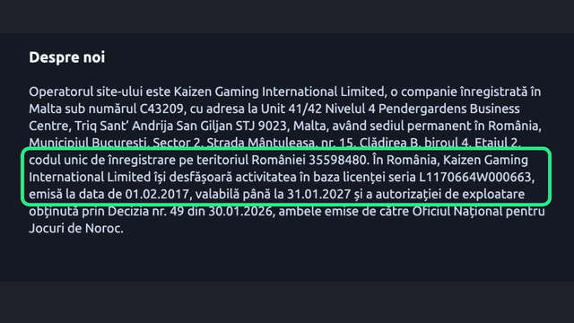 seria licenței în subsolul paginii principale a cazinoului